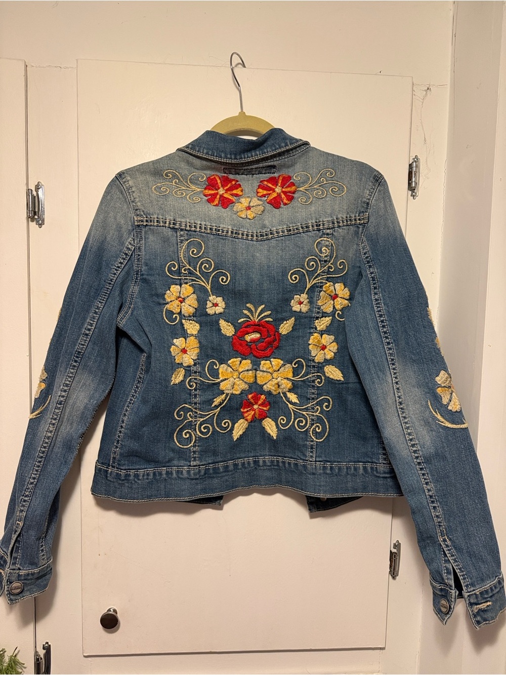 DRIFTWOOD Blue Denim Jacket with Red & Yellow Embroidered Flowers